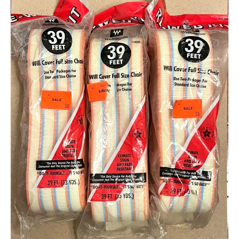NOS Vtg Wellington Re-Web Patio Chair Kit Ivory Blue Stripe 3 Pack 39ft ea USA